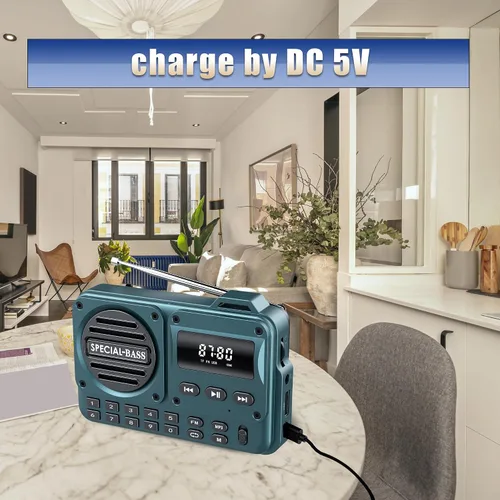Vista 2 de Radio de bolsillo FM con carga USB-C, 2000 mAh, recargable, excelente recepción, altavoz transparente y conector para auriculares, pantalla LCD
