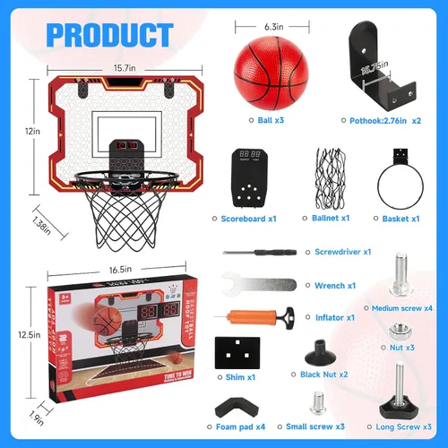 Vista 6 de Basketball Hoop Indoor for Kids(4-12 Years Old), Over The Door Basketball Hoop with Scoring, Countdown and Music Accompaniment, Christmas Toys