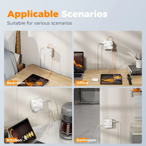 Vista 8 de TESSAN - Extensor de toma de corriente múltiple, extensor de enchufe de pared con 8 enchufes, divisor de salida múltiple con 3 puertos USB