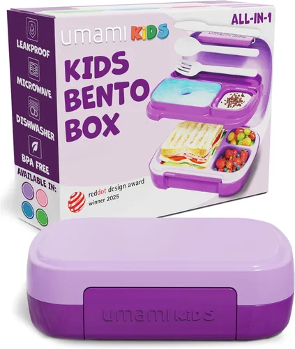 Vista 12 de Umami Lonchera Bento todo en 1 para niños, paquete de hielo y utensilios incluidos, 100% a prueba de fugas y sin BPA, lonchera favorita de los Azul