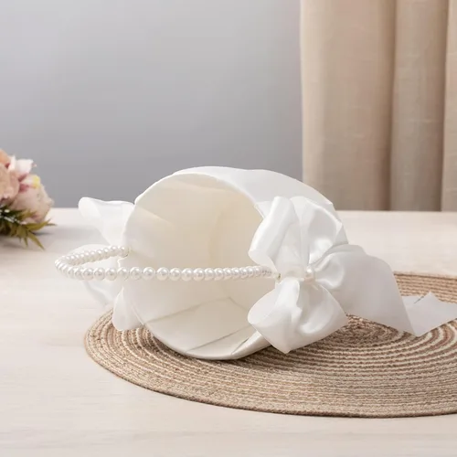 Vista 5 de Cestas de niña de flores para boda, cesta de flores marfil con mango de perlas, juego de 2 cestas de boda para niñas de flores