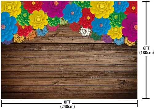 Vista 5 de AIBIIN Telón de fondo de fotos de fiesta mexicana de 8 x 6 pies, banderas rústicas de madera con flores coloridas, fondo de fotografía, cumpleaños