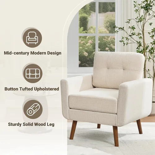Vista 3 de Linen Fabric Single Sofa, Accent Chair, Mid Century Modern Armchair for Living Room, Bedroom Button Tufted Upholstered Comfy Reading Sofas, Beige