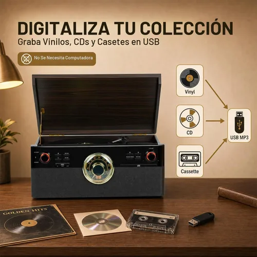 Vista 4 de Reproductor de discos todo en uno con reproductor de CD y cassette, grabación MP3 directa a USB, Bluetooth, radio FM, tocadiscos de 3 velocidades