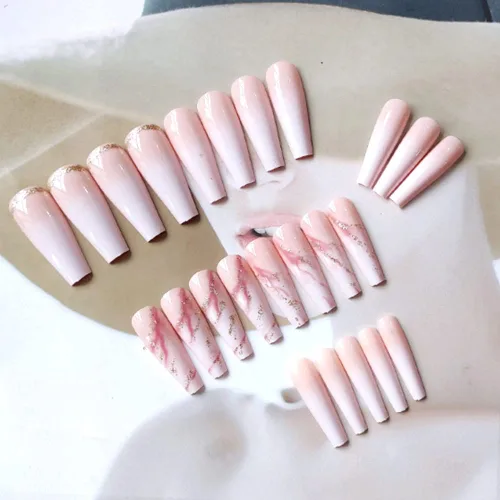 Vista 46 de Uñas postizas francesas a presión, uñas postizas largas de acrílico con forma de ataúd de cobertura completa, uñas postizas de bailarina