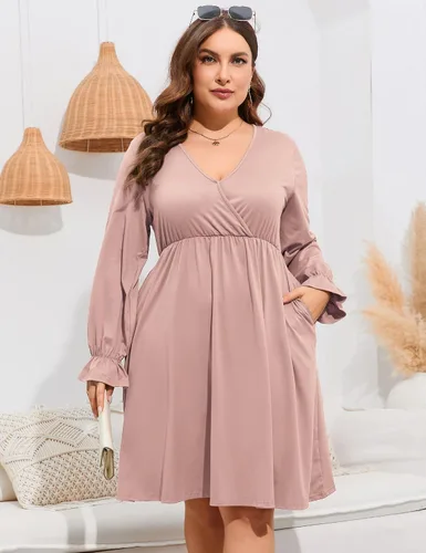 Vista 4 de ShopWonder Vestido de talla grande para mujer, con cuello en V, acampanado, largo hasta la rodilla, vestido de fiesta, minivestido de fiesta