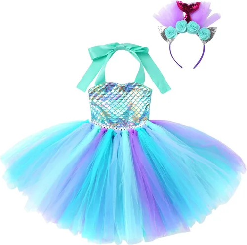 Vista 3 de Moily - Vestido tutú de tul para niñas con diadema, disfraz de carnaval de Halloween, disfraces de fiesta