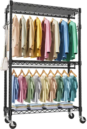 Vista 17 de M MZG Perchero resistente con ruedas de 3 niveles de alambre ajustable con 3 varillas y ganchos laterales, estante de ropa para armario, color Negro