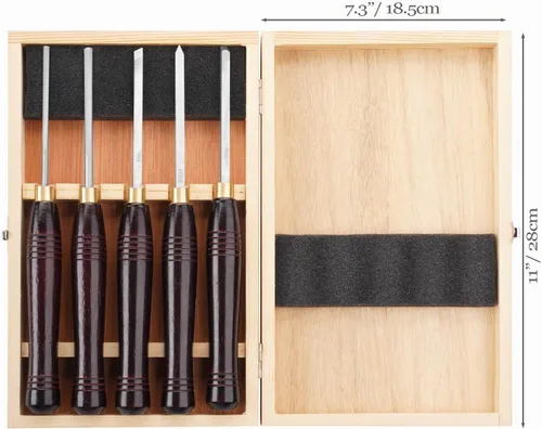 Vista 3 de Herramientas de torneado de madera HSS Juego de 5 cinceles de torno de madera Mini con caja de madera, ideal para torneado de bolígrafos y pequeños
