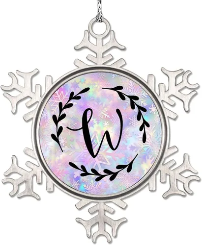 Vista 28 de Adorno de copo de nieve de letra A con inicial de copo de nieve, corona negra, adorno con monograma para decoración de árbol de Navidad, adornos