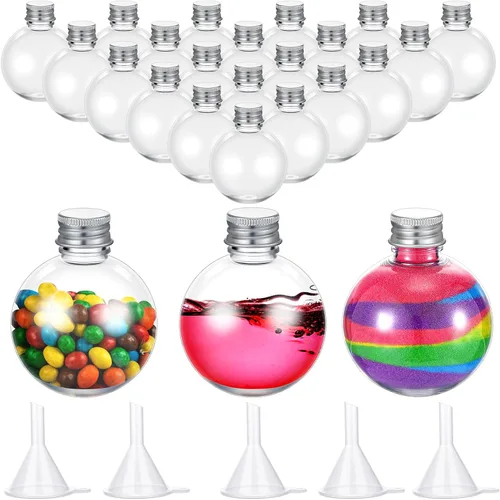 Vista 7 de Layhit 24 botellas esféricas de plástico con forma de bola, botellas redondas de 3.4 onzas, tarro de arena con 5 embudos decorativos, tarro de Negro