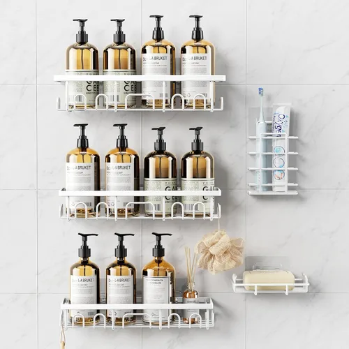 Vista 12 de Organizador de ducha, paquete de 3 estantes de ducha para el interior del baño, organizador de baño adhesivo a prueba de óxido con soporte