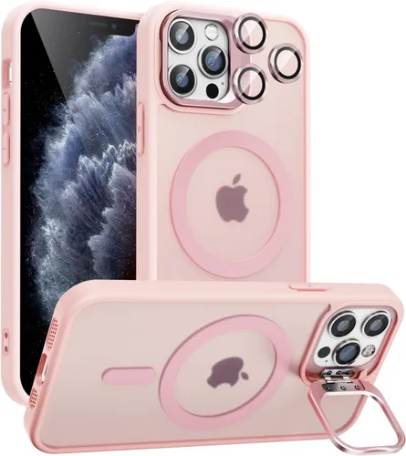 Vista 15 de Funda magnética para iPhone 11 con soporte, compatible con Magsafe, protección militar y protector de lente de cámara, funda translúcida mate