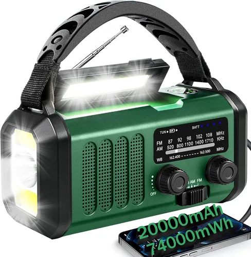 Vista 9 de QAUYYW Radio de emergencia con manivela, radio NOAA AM FM meteorológica portátil con manivela de 37000 mAh solar, con linterna de 3 modos y luz