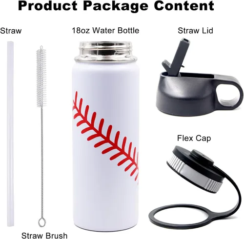 Vista 2 de Botella de agua de béisbol de 18 onzas, botella deportiva de boca ancha, vaso de viaje de metal con 2 tapas, botellas de agua aisladas al vacío