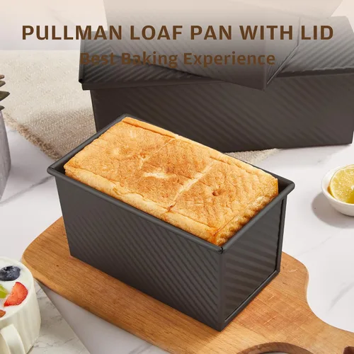 Vista 5 de KITESSENSU Molde para pan Pullman de acero al carbono con tapa, capacidad de masa de 1 libra, negro, antiadherente, pan y tostadas