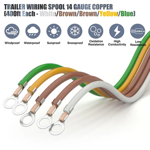 Vista 6 de 400 pies suficiente 14AWG CCA【2 cables marrones】4 cables codificados por colores de 4 vías 5 cables unidos para remolque RV cámper enganche de 4
