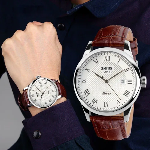 Vista 7 de SKMEI Reloj de pulsera de cuero para hombre, con números de moda, para negocios, ocio, impermeable, calendario