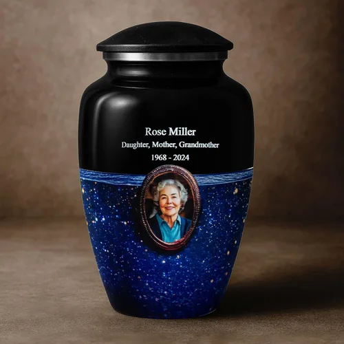Vista 2 de Urna fotográfica de galaxia azul para cenizas humanas – Homenaje de cremación personalizado con retrato, nombre y fechas, recuerdo conmemorativo