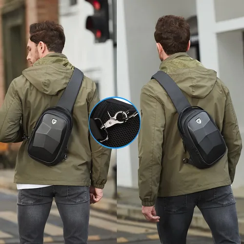 Vista 7 de FENRUIEN Bolsa rígida para hombre, mochila cruzada resistente al agua con puerto USB, bolsa de pecho negra para viajesuso diario, Negro -, Mochilas