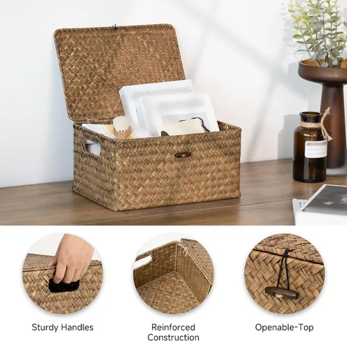 Vista 3 de StorageWorks Canastas de mimbre con tapa para organizar, canastas de almacenamiento de hierbas marinas para estantes, caja decorativa con asas