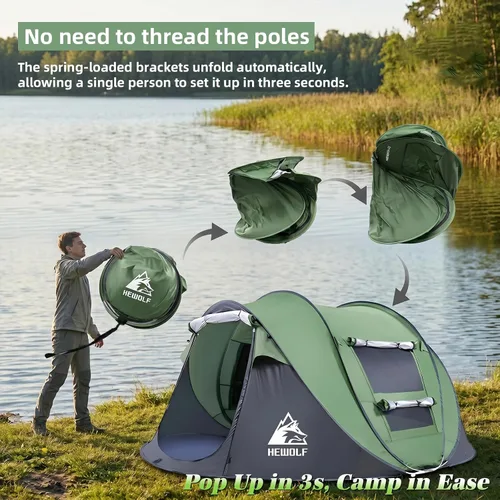 Vista 3 de Hewolf Tienda de campaña desplegable para 2/4 personas, fácil instalación instantánea, impermeable, tienda familiar automática para camping