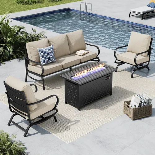 Vista 38 de MFSTUDIO Juego de 4 piezas de conversación para patio, marco de metal para todo tipo de clima, muebles de exterior con 1 mesa rectangular de propano