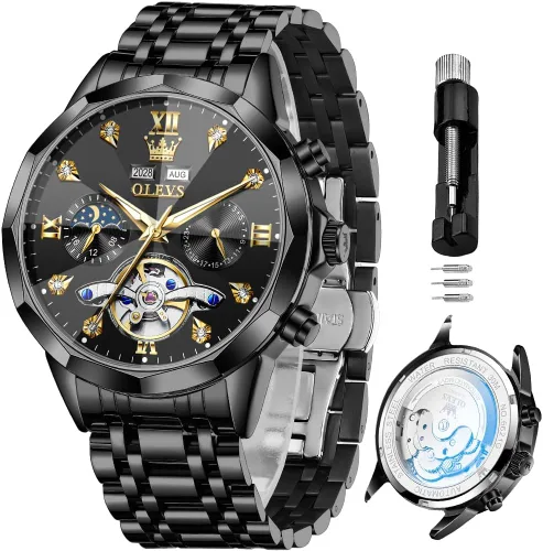 Vista 51 de OLEVS Reloj de pulsera automático con diseño de esqueleto para hombre, de lujo, con diamantes de lujo, de acero inoxidable, calendario, reloj