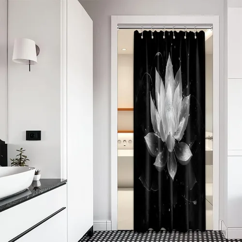 Vista 61 de Cortina de ducha con flores de loto negro y azul para decoración de baño, juego de cortinas decorativas de baño con estampado floral, tela