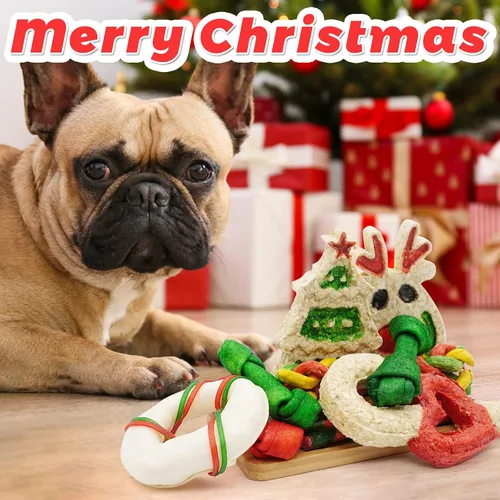 Vista 5 de Calcetín navideño con golosinas de cuero crudo para perros MON2SUN para perros pequeños a medianos (13 unidades)