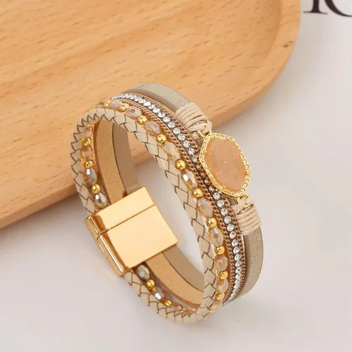 Vista 2 de Jewbelet - Pulsera de cuero estilo bohemio con cuentas de cristal con cierre de joyería para mujer