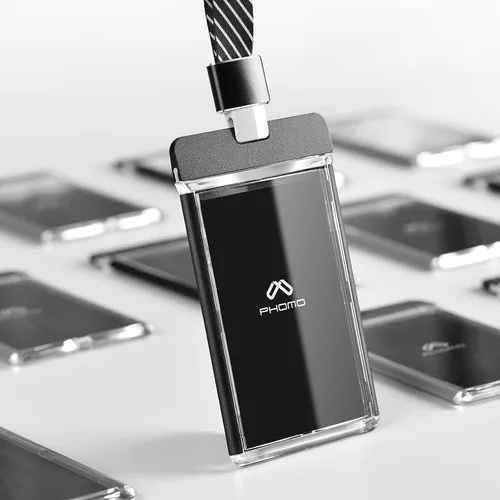 Vista 2 de Phomo Portatarjetas de identificación de aluminio con clip de metal y cordón de identificación, soporte vertical transparente para tarjetas