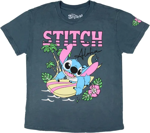 Vista 2 de Disney Junior Lilo & Stitch Aloha Stitch Surfing with Palm Trees and Flowers Graphic Camiseta
