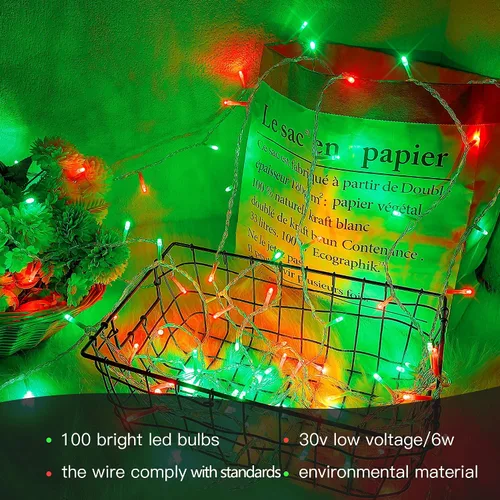 Vista 2 de Hopolon - Luces de Navidad para interiores y exteriores, luces de 100 LED rojas y verdes, 33 pies de luces de hadas centelleantes impermeables