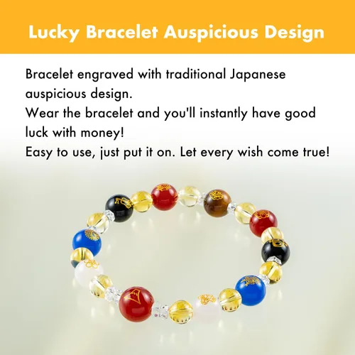 Vista 8 de Yokohama Wakuwaku kan Pulsera de la suerte diseño auspicioso Japón tradicional suerte dinero fresco piedra de poder ágata ónix ojo de tigre cristal