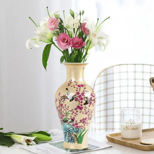Vista 2 de Qinlang Jarrones de cerámica de 14 pulgadas para flores, florero dorado para centros de mesa