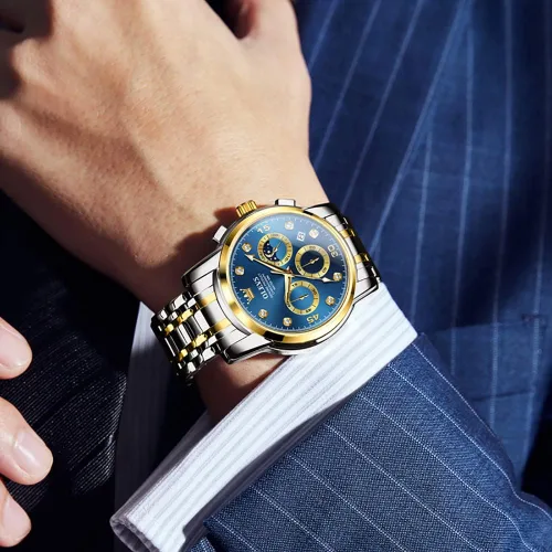 Vista 3 de Taxau Mens Watch Silver Gold Stainless Steel Watches for Men with Day Date Moon Phase Diamond Waterproof Analog Dress Men's Chronograph Wrist