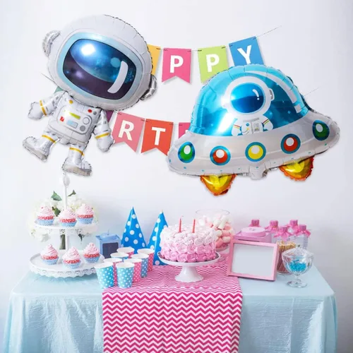 Vista 3 de Globos de planeta astronauta del sistema solar, globos de papel de aluminio, globos grandes de Mylar con helio, guirnalda de feliz cumpleaños para 10