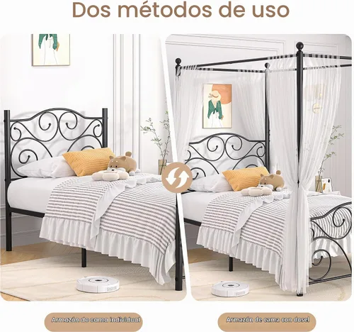Vista 3 de VECELO Base de cama con dosel de metal, tamaño individual, base de colchón con plataforma de 4 pósteres con cabecero, soporte de listones de acero