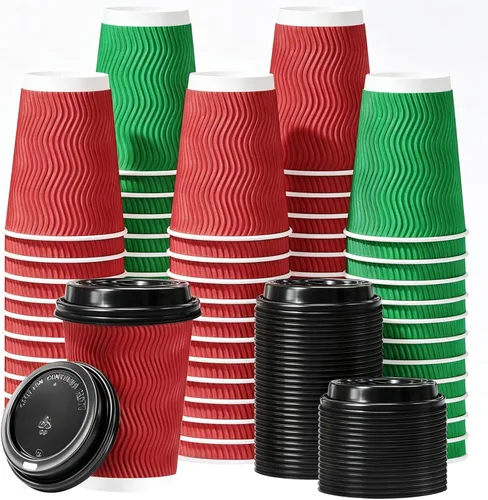 Vista 12 de Lamosi - Tazas de café con tapas, 12 onzas, paquete de 50 tazas desechables Rojo