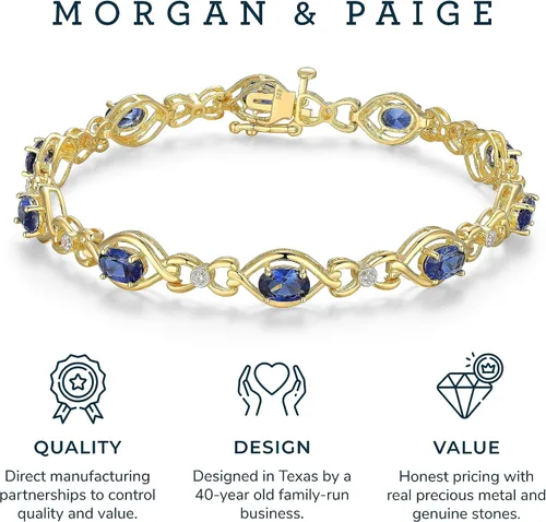 Vista 5 de MORGAN & PAIGE . Pulseras de plata de ley 925 de oro amarillo de 18 quilates sobre zafiro azul y blanco creado para mujer, elegante pulsera de plata
