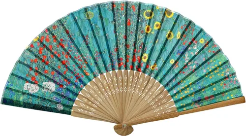 Vista 8 de Abanico de mano de bambú Salutto con patrón impreso, abanico plegable para regalo de fiesta de boda, azulejo vidriado