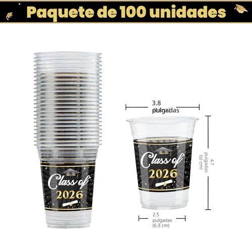 Vista 2 de JOYIN 100 vasos de graduación de 16 onzas para fiestas, juego de vajilla desechable para graduados de clase 2026, taza de PET para escuela