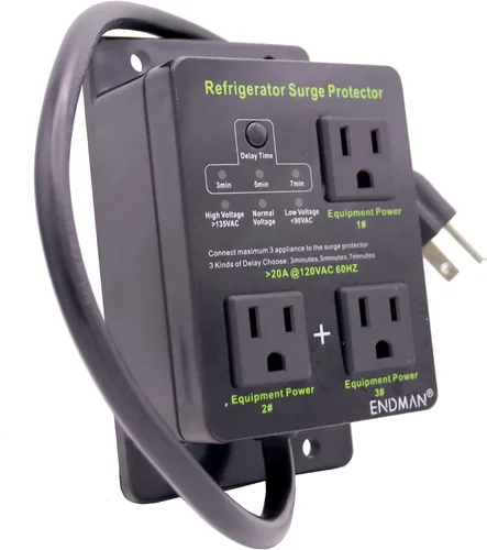 Vista 2 de Protector contra sobretensiones para refrigerador ENDMAN para electrodomésticos con tres salidas con retardo de tiempo, protege contra apagón