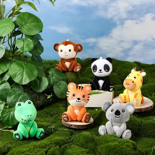 Vista 6 de Aoriher 6 llaveros de peluche de bosque a granel, panda, mono, cocodrilo, koala, tigre y jirafa de 4 pulgadas, regalo para el aula, relleno