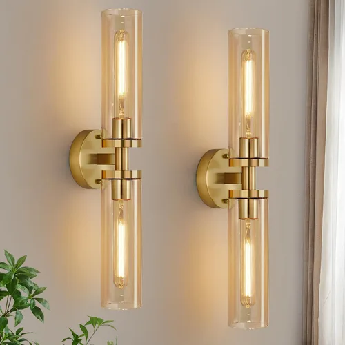 Vista 10 de Indoi Apliques de pared de níquel cepillado, apliques de baño cableados con vidrio transparente, modernos accesorios de tocador de baño para espejo