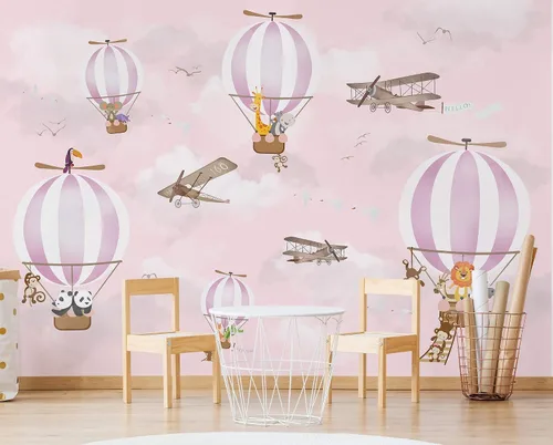 Vista 3 de Murwall Papel pintado para niños, globo aerostático, animales, papel pintado para niños, mural de pared de avión, arte de pared para guardería