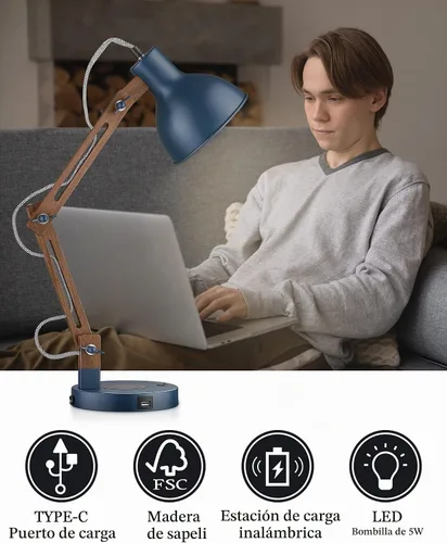 Vista 2 de Lámpara de escritorio ELYONA de madera Sapele con cargador inalámbrico mejorado, lámpara de mesa de brazo oscilante con puerto de carga USB C, luz