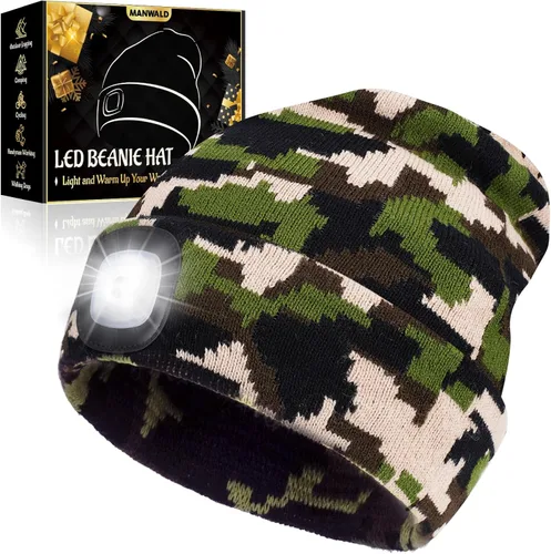 Vista 10 de MANWALD Gorro de LED con luz, gorro con linterna recargable por USB, regalos para Navidad, calcetines de navidad para hombres, Negro, Talla única