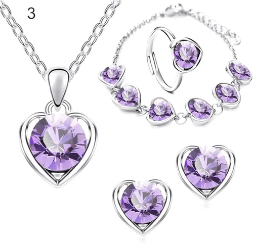 Vista 5 de 4 piezas elegantes para collar, pendientes, pulsera, anillo ajustable para mujer, collar con colgante de corazón de diamantes de imitación, juego